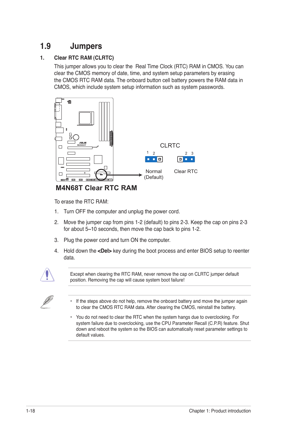 9 jumpers, Jumpers -18, M4n68t clear rtc ram | Asus M4N68T User Manual | Page 28 / 62