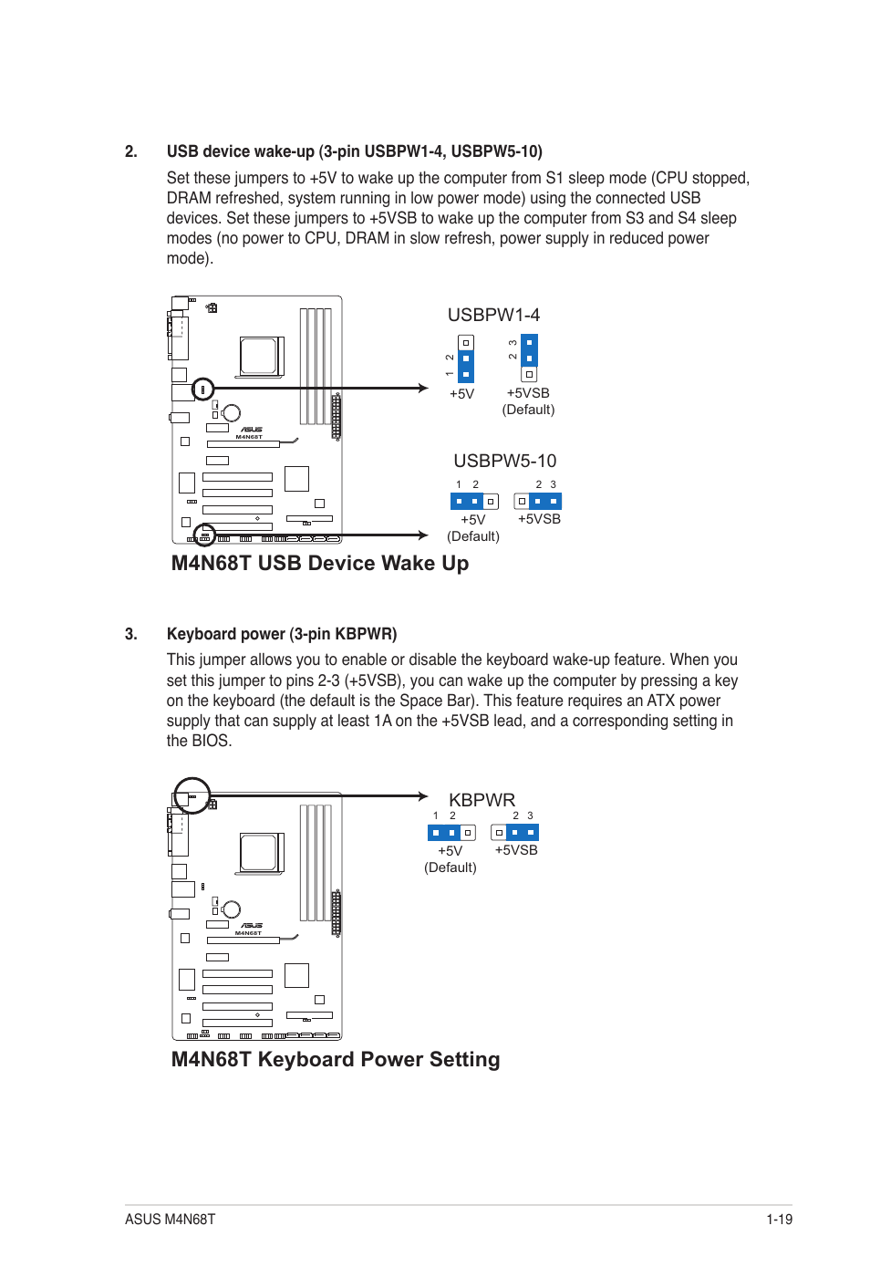 M4n68t usb device wake up, M4n68t keyboard power setting, Usbpw5-10 | Usbpw1-4, Kbpwr | Asus M4N68T User Manual | Page 29 / 62