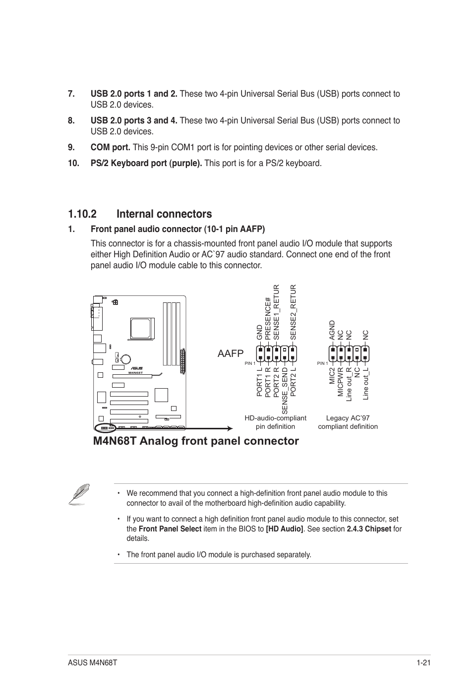 2 internal connectors, 2 internal connectors -21, M4n68t analog front panel connector | Aafp | Asus M4N68T User Manual | Page 31 / 62