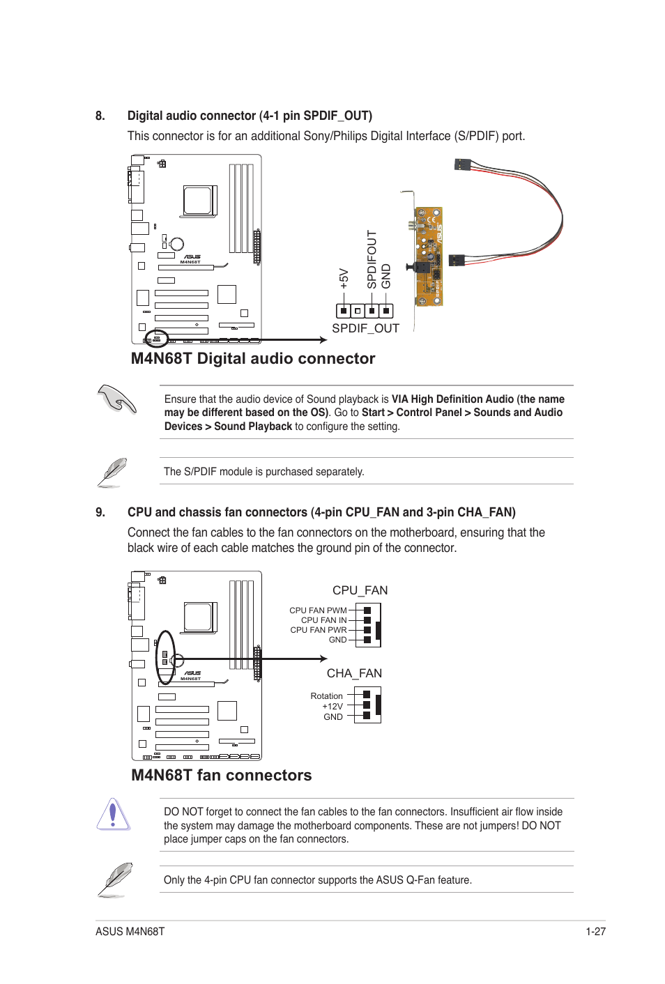 M4n68t digital audio connector, M4n68t fan connectors | Asus M4N68T User Manual | Page 37 / 62