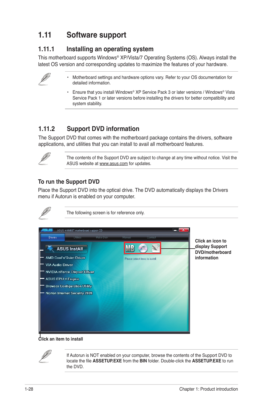 11 software support, 1 installing an operating system, 2 support dvd information | 11 software support -28 | Asus M4N68T User Manual | Page 38 / 62