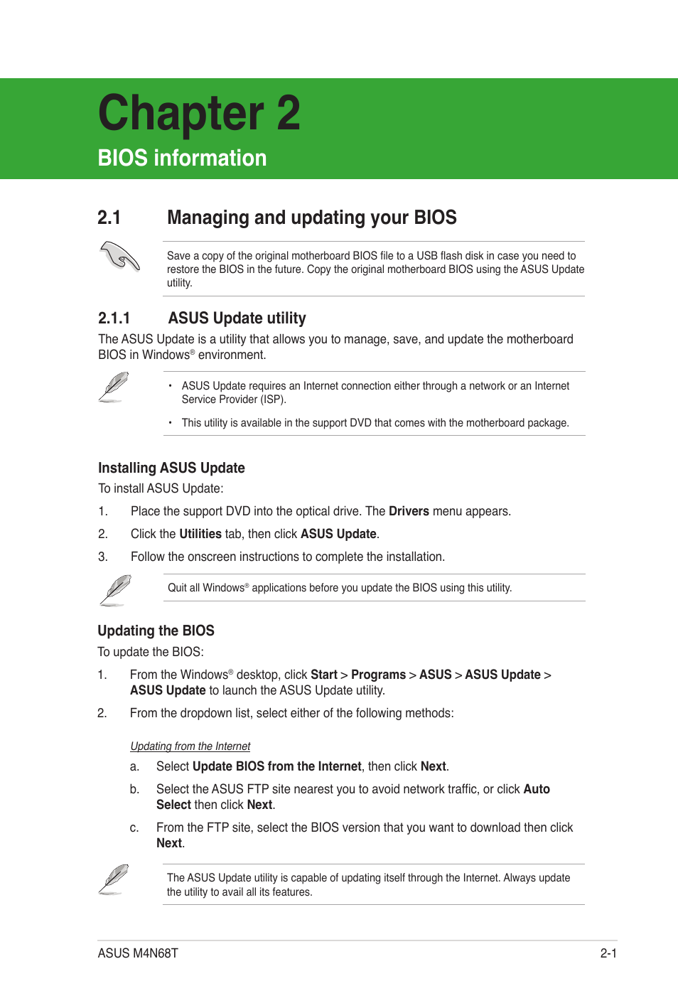 Bios information, 1 managing and updating your bios, 1 asus update utility | Managing and updating your bios -1 2.1.1, Asus update utility -1, Chapter 2 | Asus M4N68T User Manual | Page 39 / 62