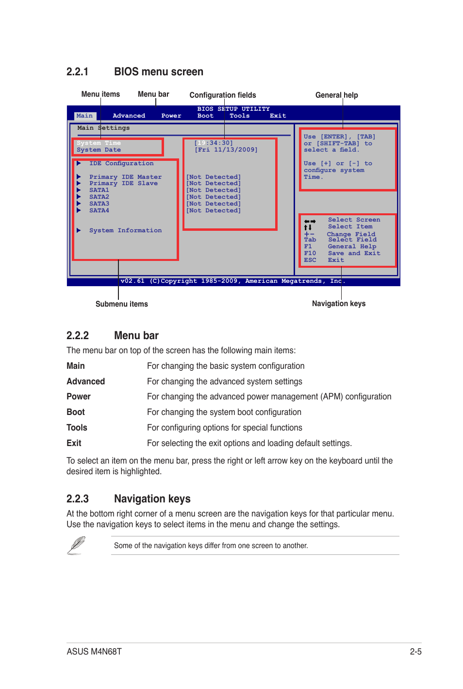 1 bios menu screen, 2 menu bar, 3 navigation keys | Bios menu screen -5, Menu bar -5, Navigation keys -5, 1 bios menu screen 2.2.2 menu bar | Asus M4N68T User Manual | Page 43 / 62