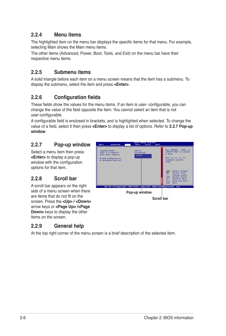 4 menu items, 5 submenu items, 6 configuration fields | 7 pop-up window, 8 scroll bar, 9 general help, Menu items -6, Submenu items -6, Configuration fields -6, Pop-up window -6 | Asus M4N68T User Manual | Page 44 / 62