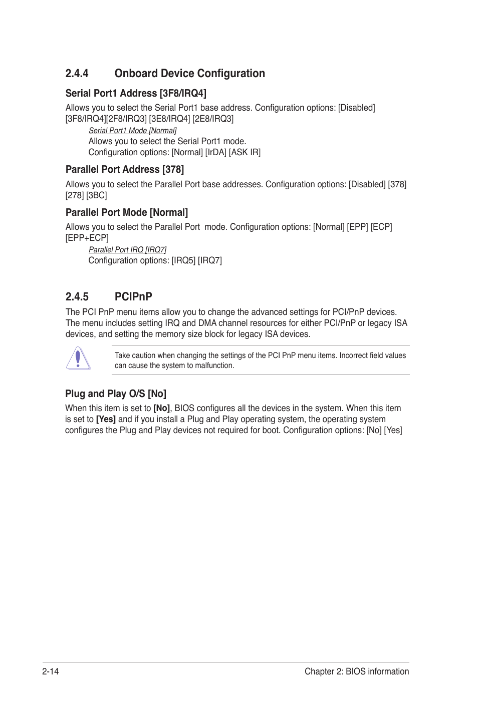 4 onboard device configuration, 5 pcipnp, 4 onboard device configuration -14 2.4.5 | Pcipnp -14 | Asus M4N68T User Manual | Page 52 / 62