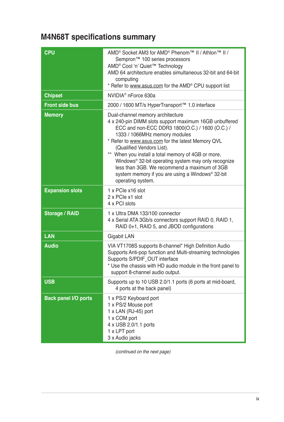 M4n68t specifications summary | Asus M4N68T User Manual | Page 9 / 62