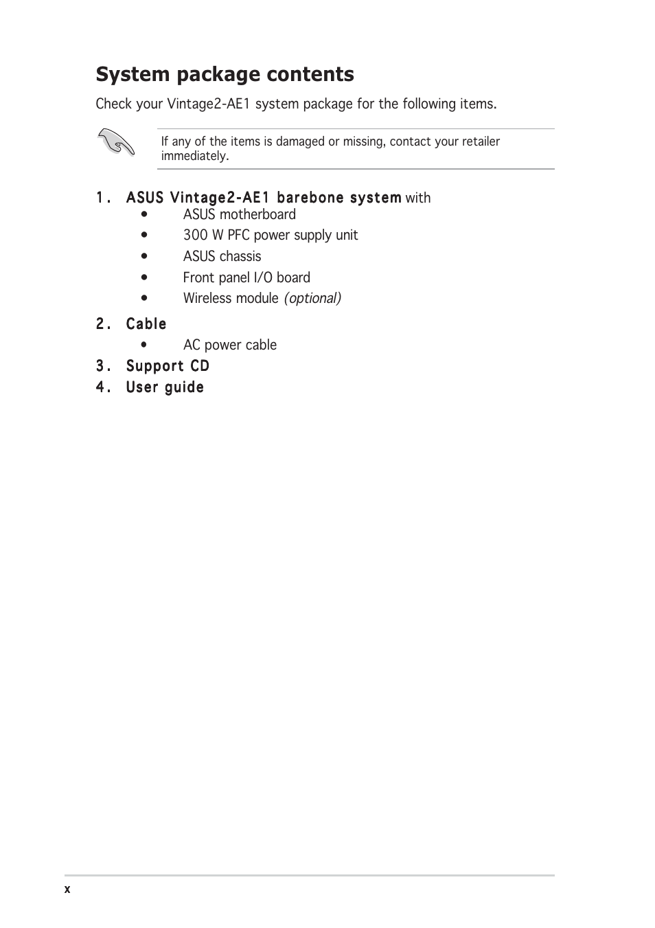 System package contents | Asus V2-AE1 User Manual | Page 10 / 110