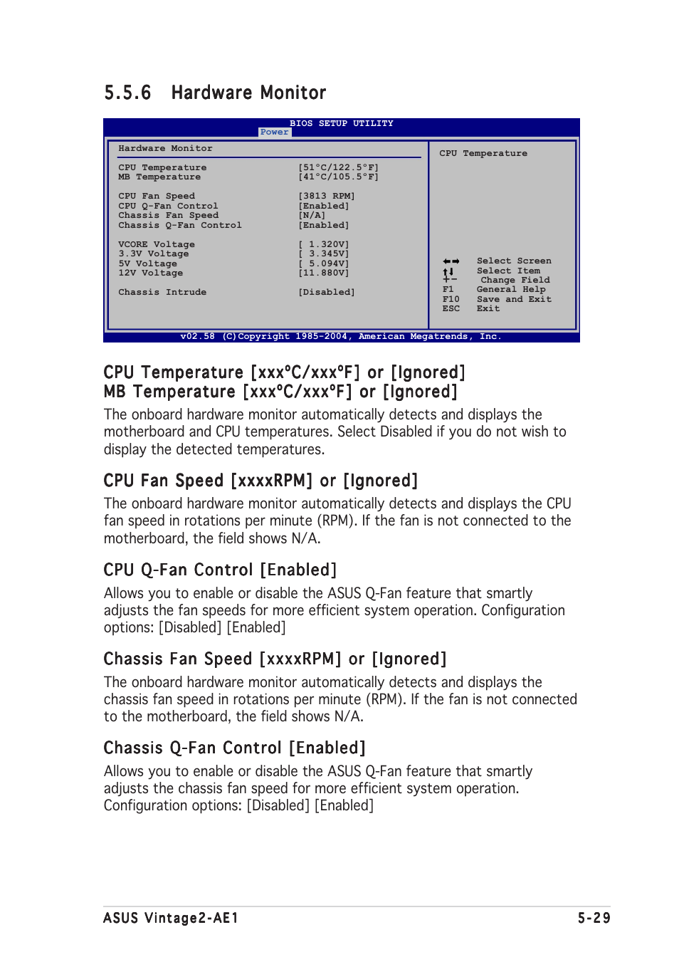 Cpu temperature [xxxºc/xxxºf] or [ignored, Cpu q-fan control [enabled, Chassis q-fan control [enabled | Asus V2-AE1 User Manual | Page 103 / 110