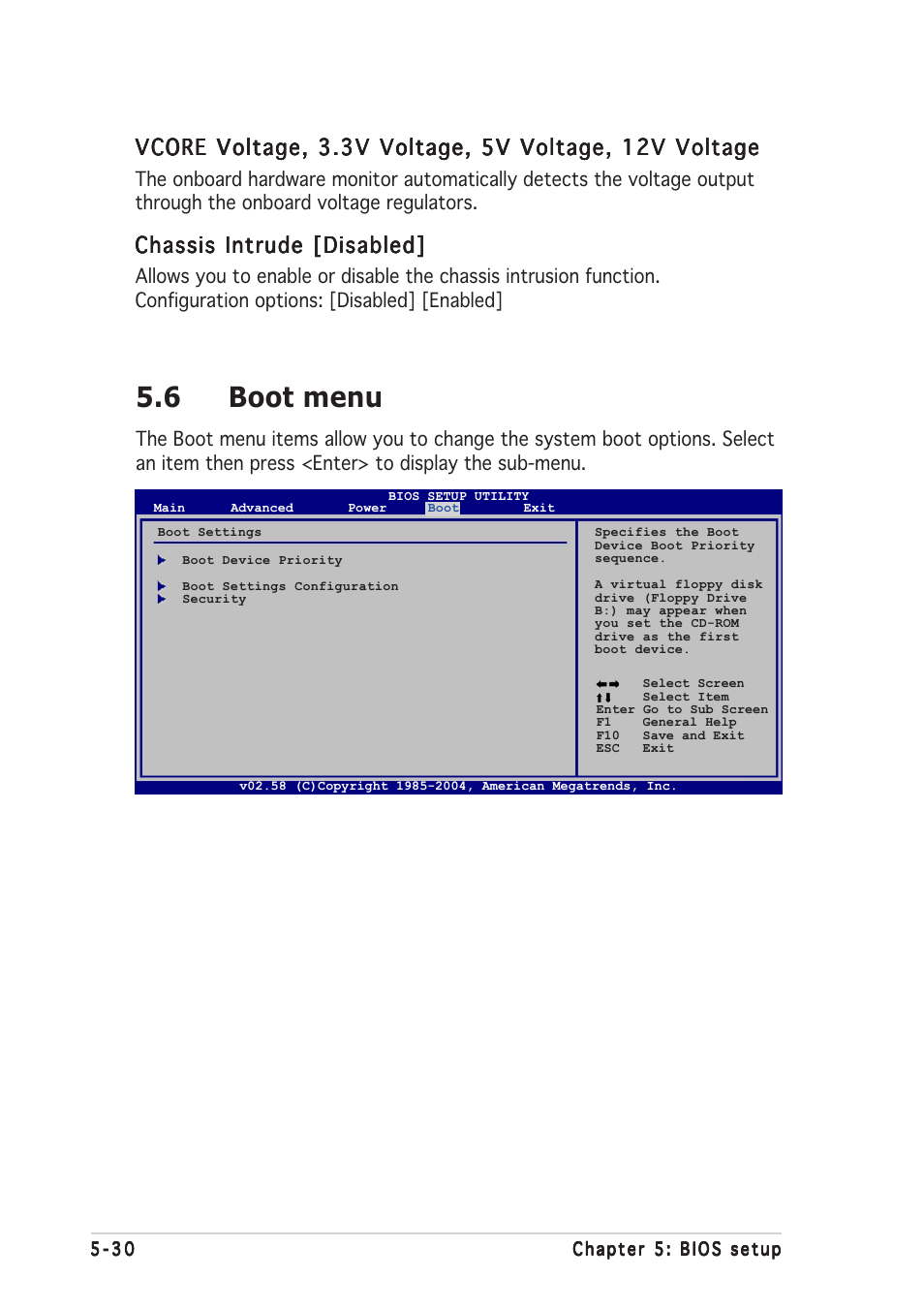 6 boot menu, Chassis intrude [disabled | Asus V2-AE1 User Manual | Page 104 / 110