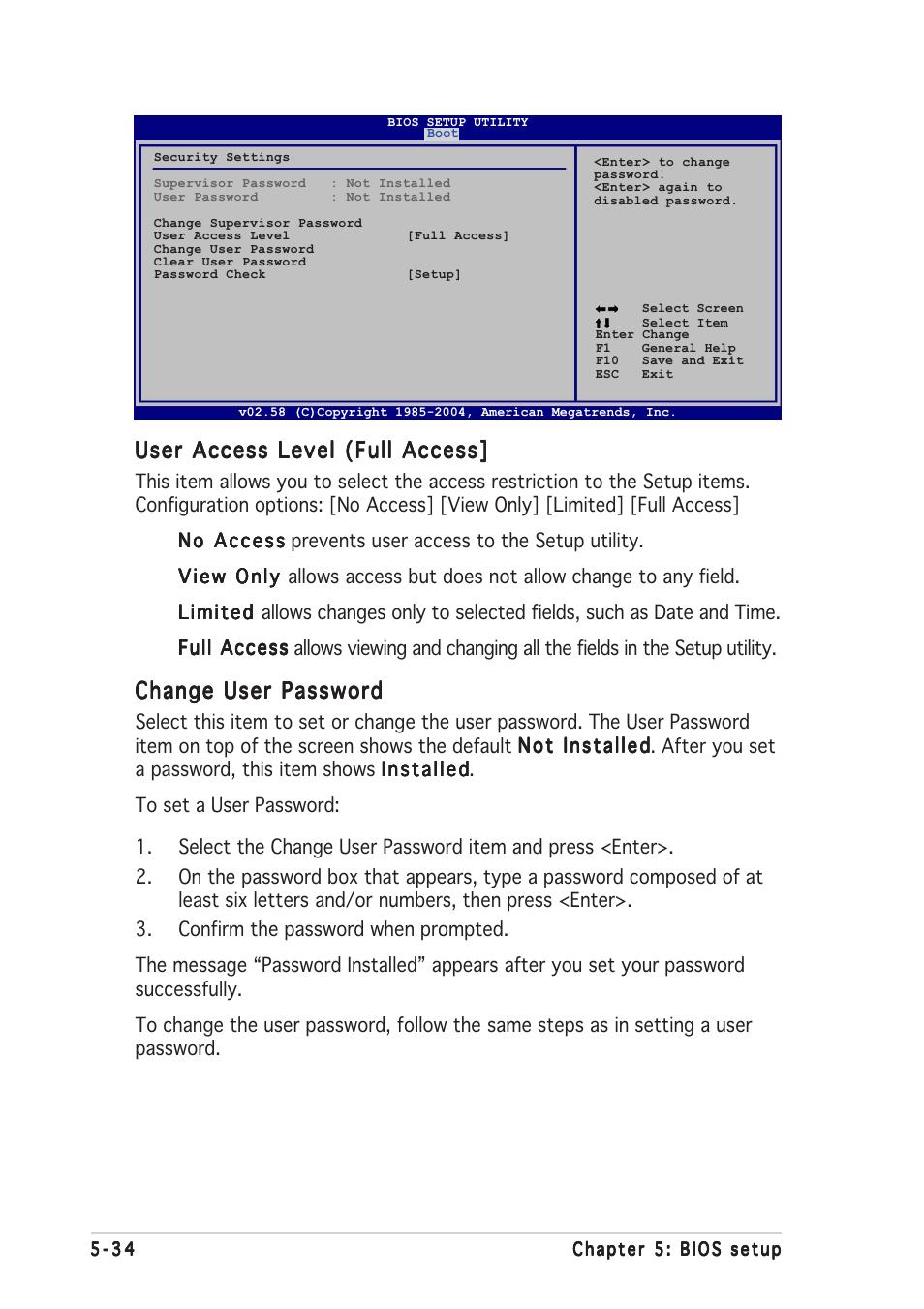 User access level (full access, Change user password | Asus V2-AE1 User Manual | Page 108 / 110