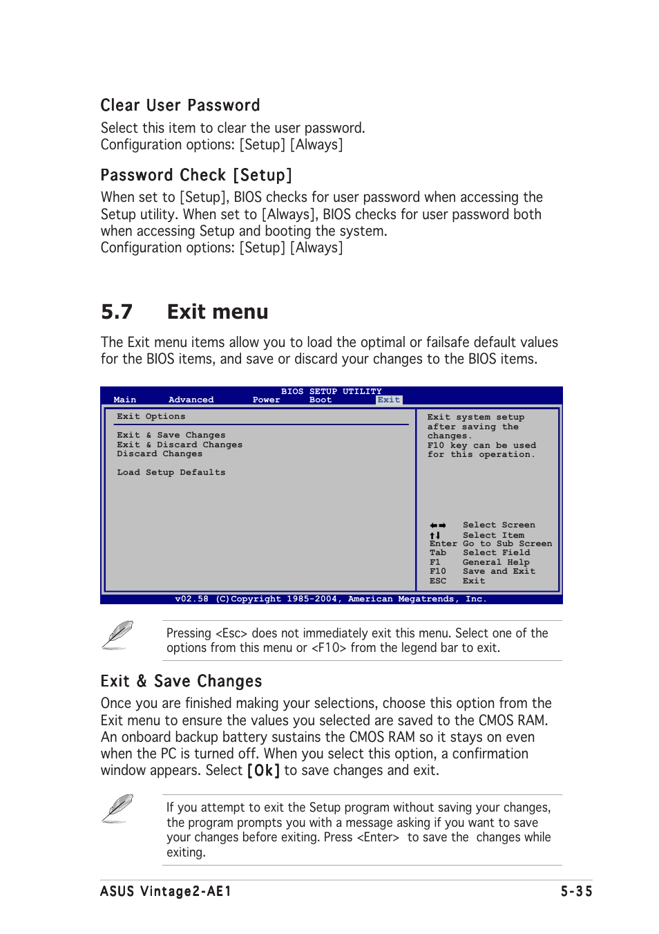 7 exit menu, Exit & save changes, Clear user password | Password check [setup | Asus V2-AE1 User Manual | Page 109 / 110