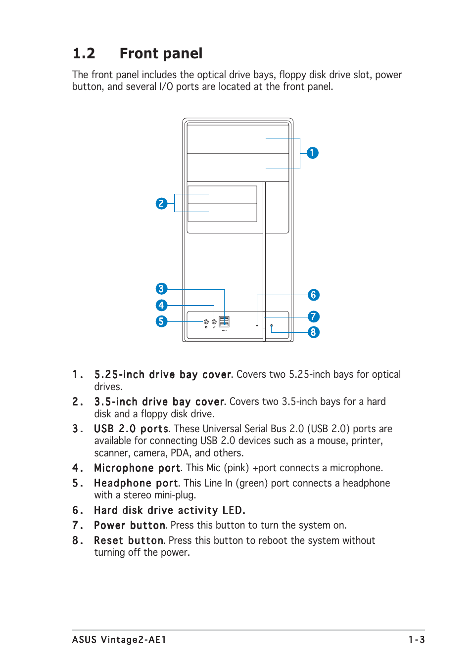 2 front panel | Asus V2-AE1 User Manual | Page 13 / 110