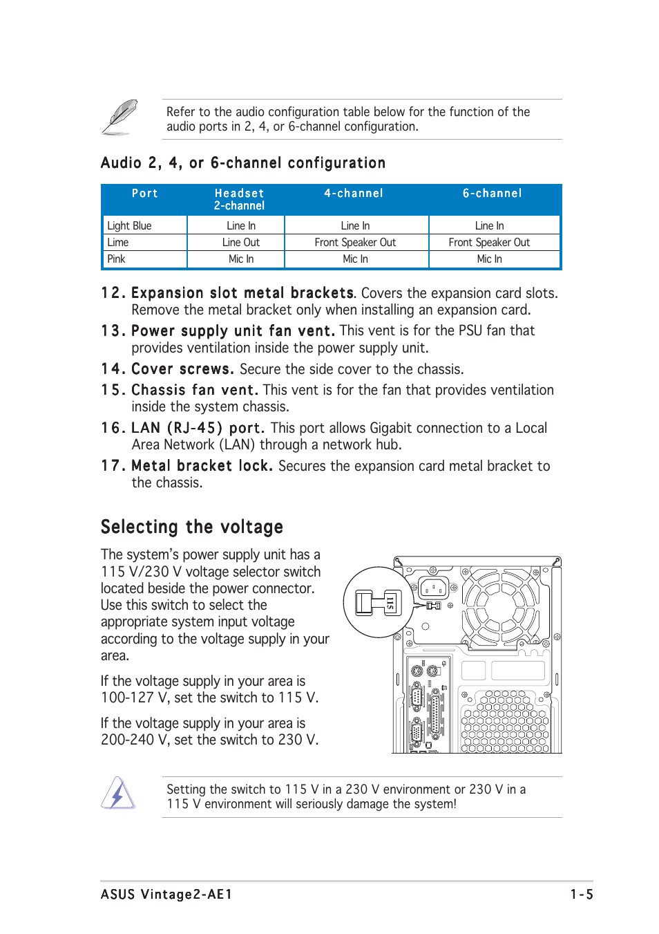 Selecting the voltage | Asus V2-AE1 User Manual | Page 15 / 110