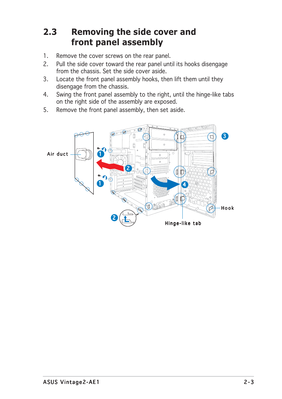 3 removing the side cover and front panel assembly | Asus V2-AE1 User Manual | Page 19 / 110