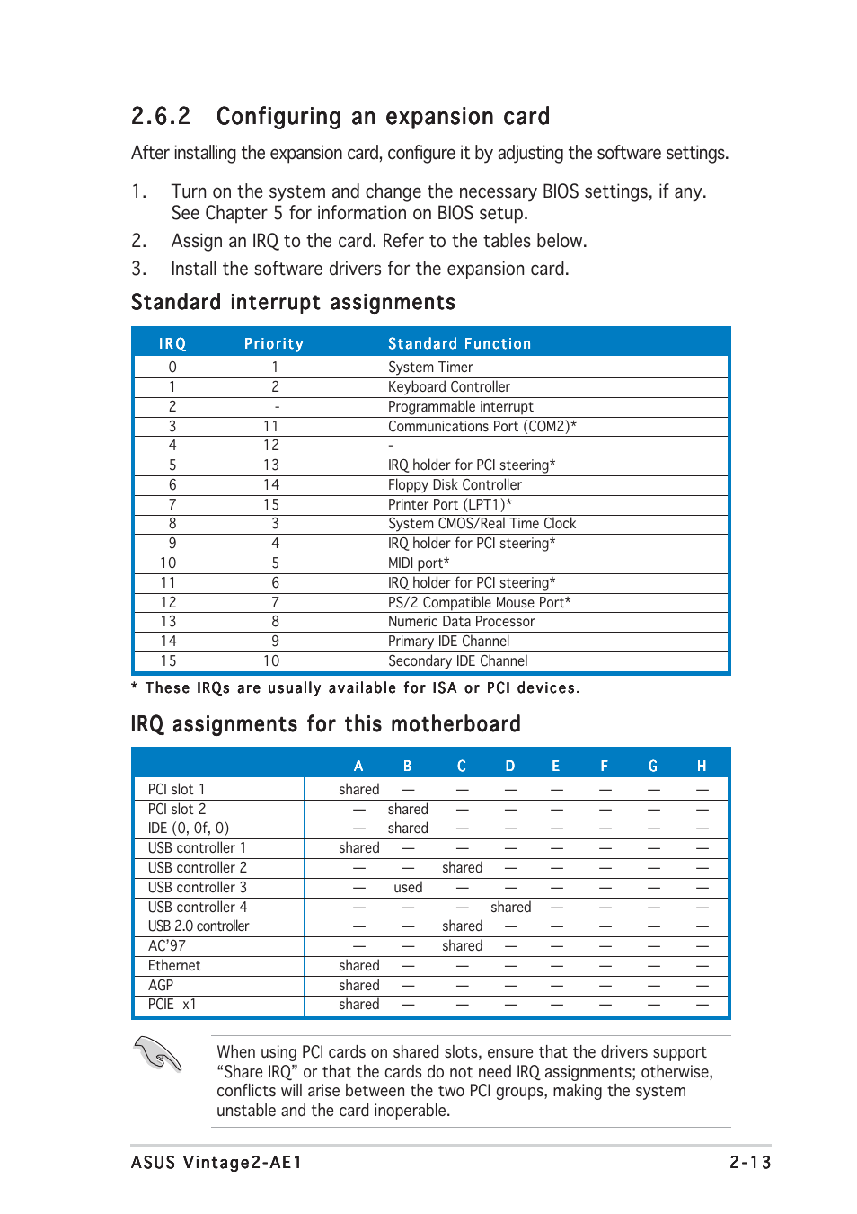 Standard interrupt assignments, Irq assignments for this motherboard | Asus V2-AE1 User Manual | Page 29 / 110