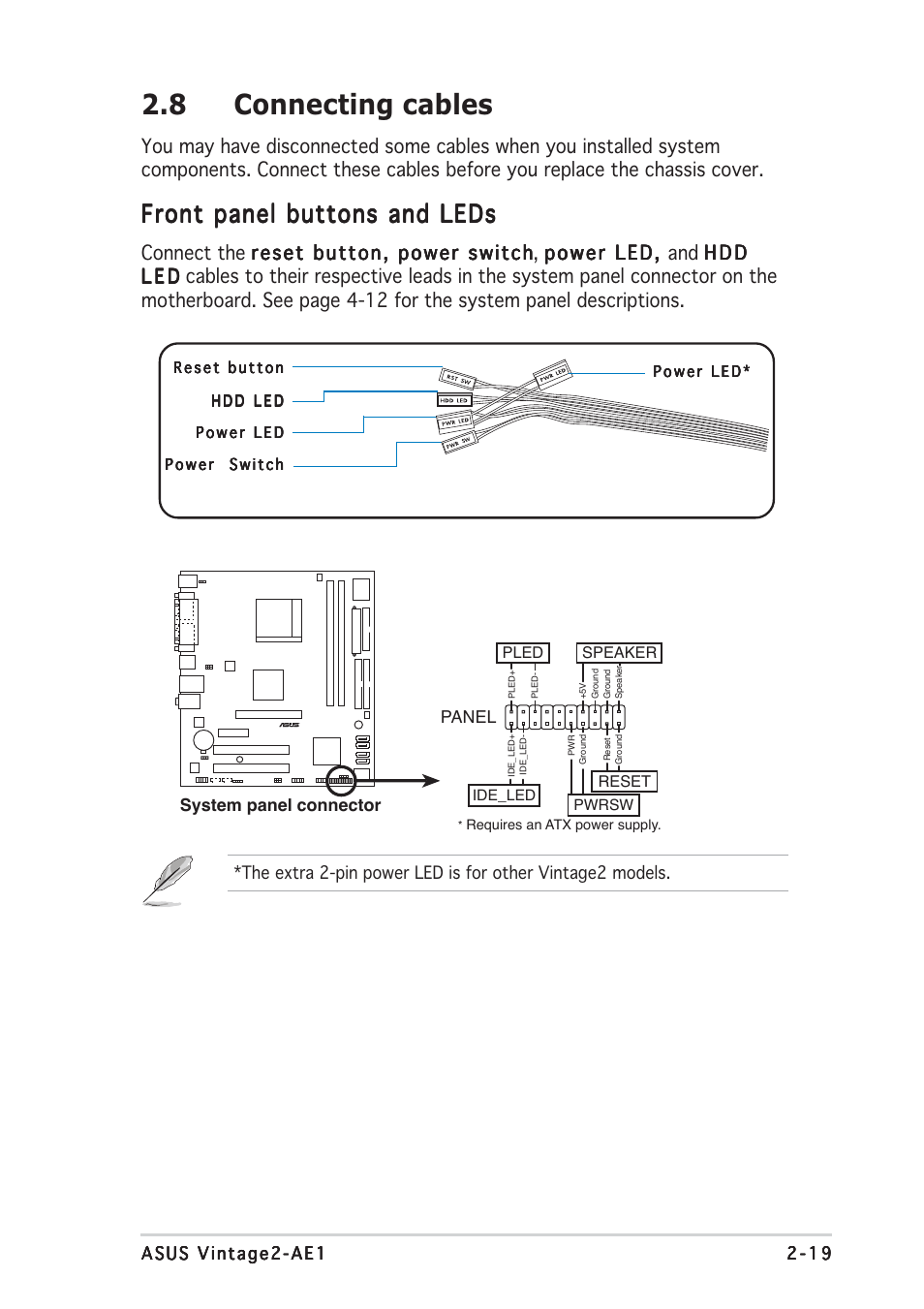 8 connecting cables, Front panel buttons and leds | Asus V2-AE1 User Manual | Page 35 / 110