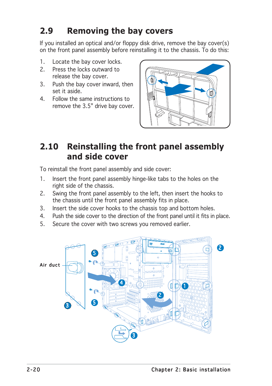 9 removing the bay covers | Asus V2-AE1 User Manual | Page 36 / 110