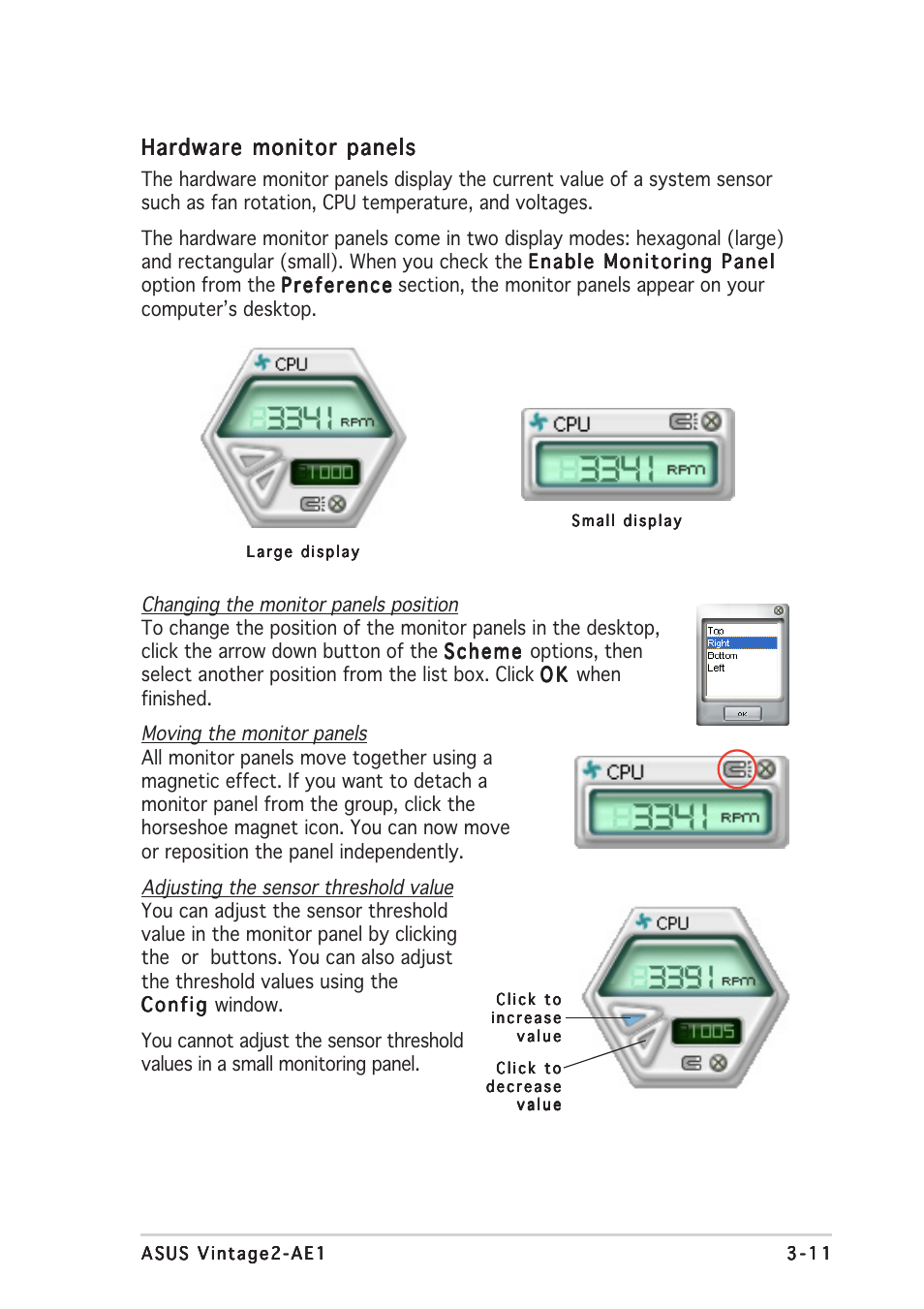 Hardware monitor panels | Asus V2-AE1 User Manual | Page 47 / 110