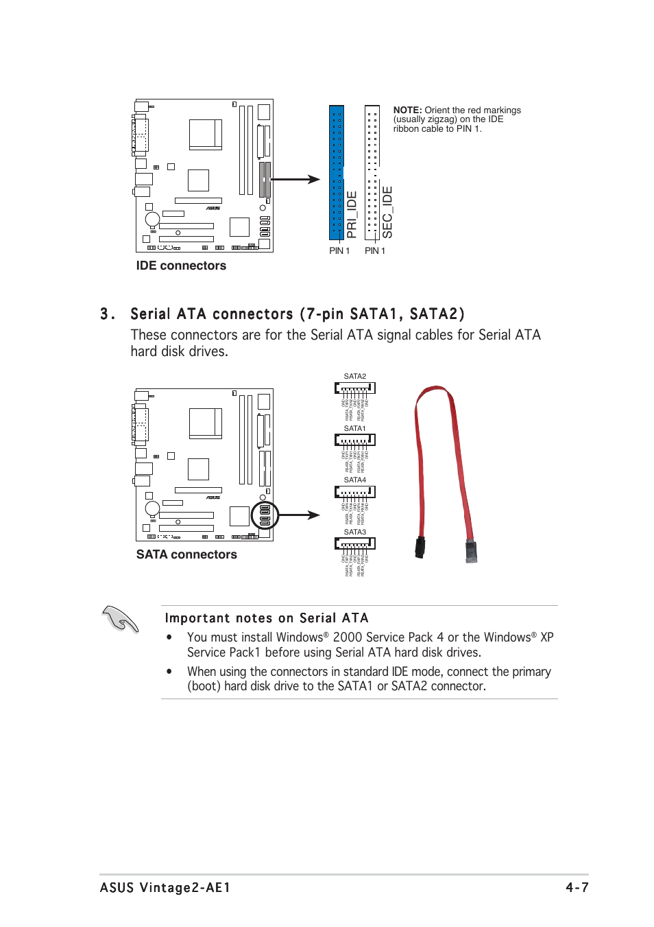 Sata connectors, Ide connectors, Sec_ide | Pri_ide | Asus V2-AE1 User Manual | Page 69 / 110