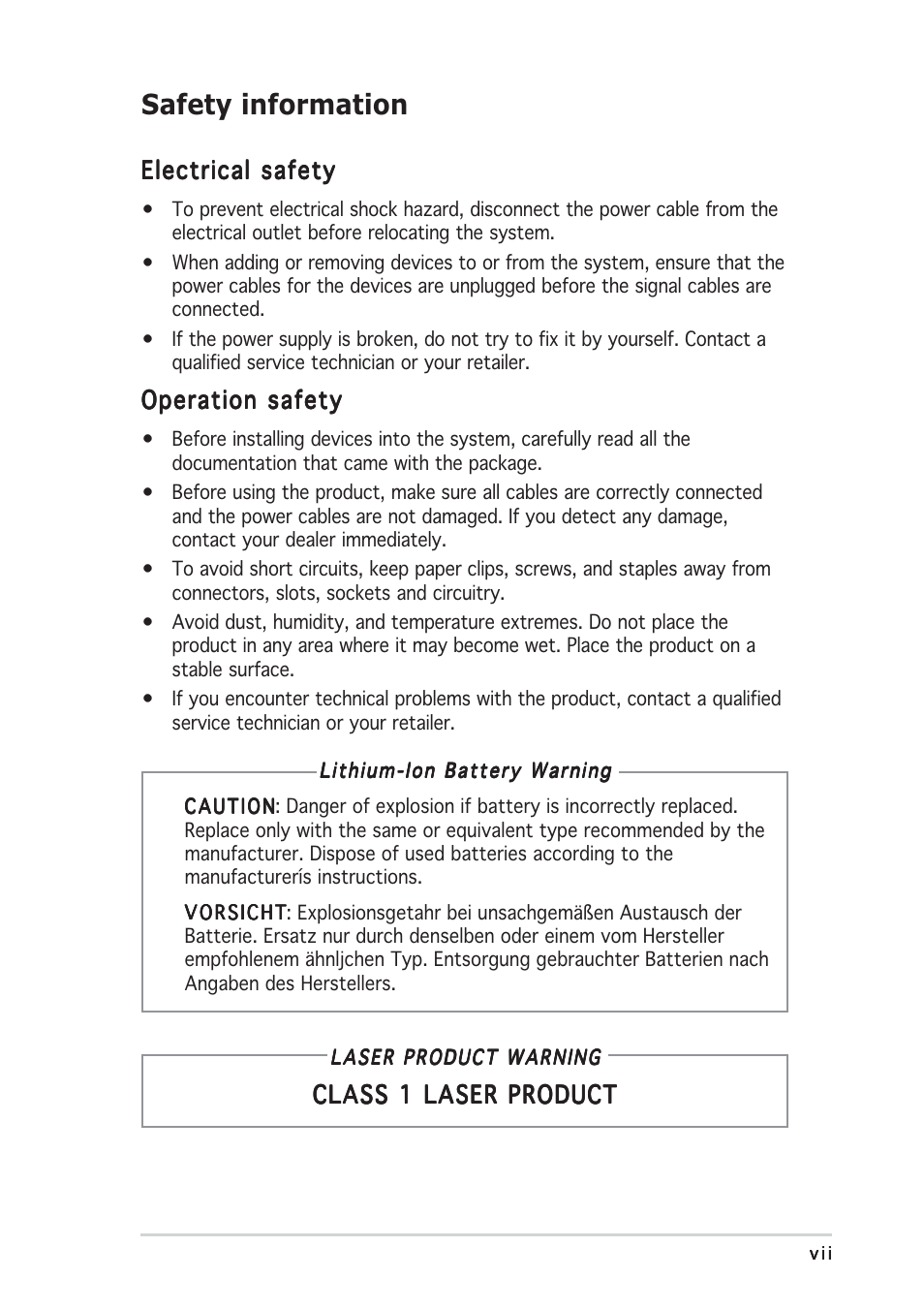 Safety information | Asus V2-AE1 User Manual | Page 7 / 110