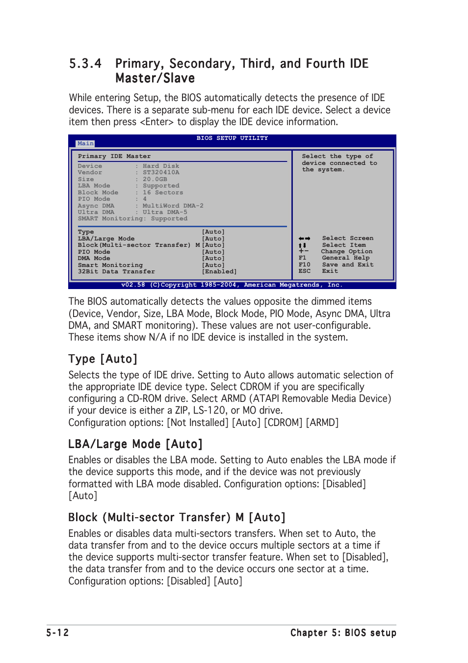 Type [auto, Lba/large mode [auto, Block (multi-sector transfer) m [auto | Asus V2-AE1 User Manual | Page 86 / 110