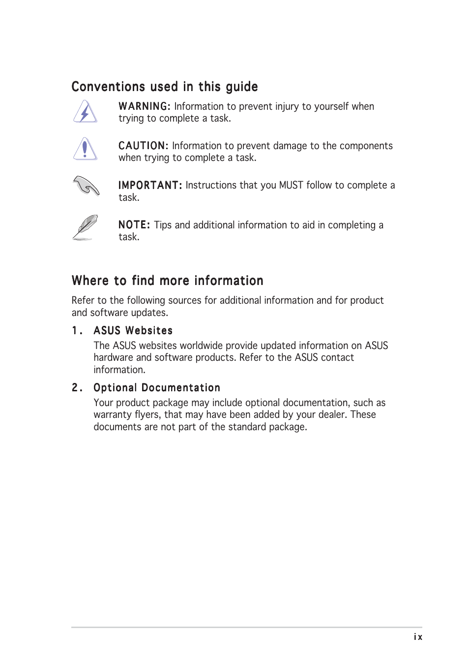 Conventions used in this guide, Where to find more information | Asus V2-AE1 User Manual | Page 9 / 110