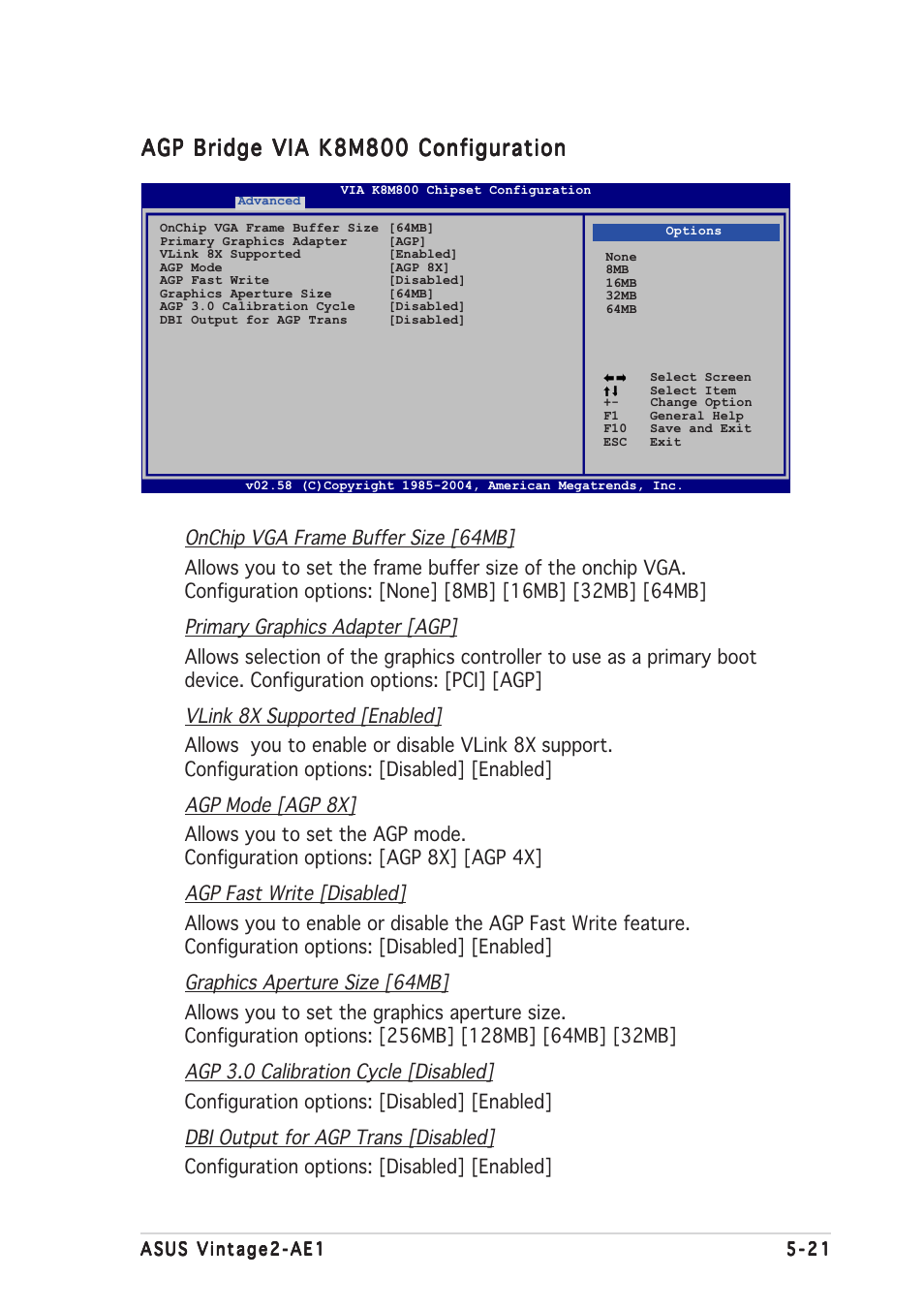 Agp bridge via k8m800 configuration | Asus V2-AE1 User Manual | Page 95 / 110