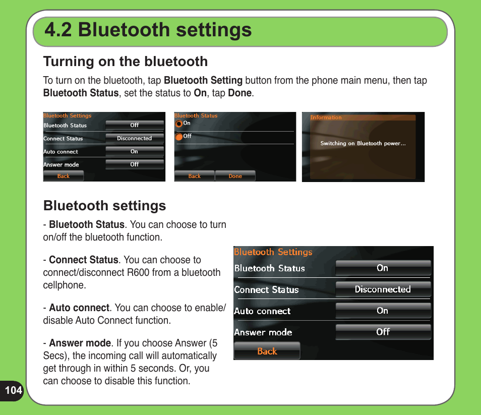 Turning on the bluetooth, Bluetooth settings | Asus R600 User Manual | Page 104 / 109