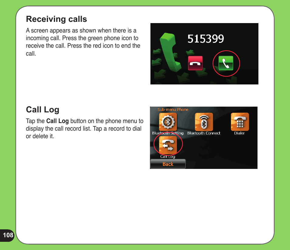 Receiving calls, Call log | Asus R600 User Manual | Page 108 / 109