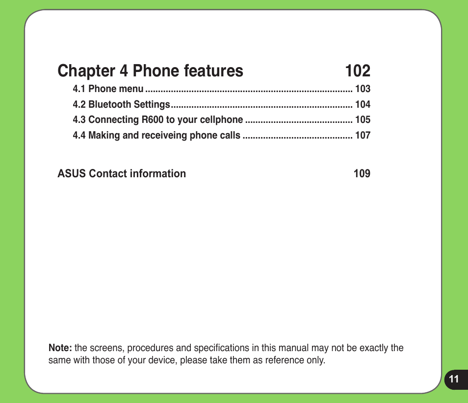 Chapter 4 phone features 102 | Asus R600 User Manual | Page 11 / 109