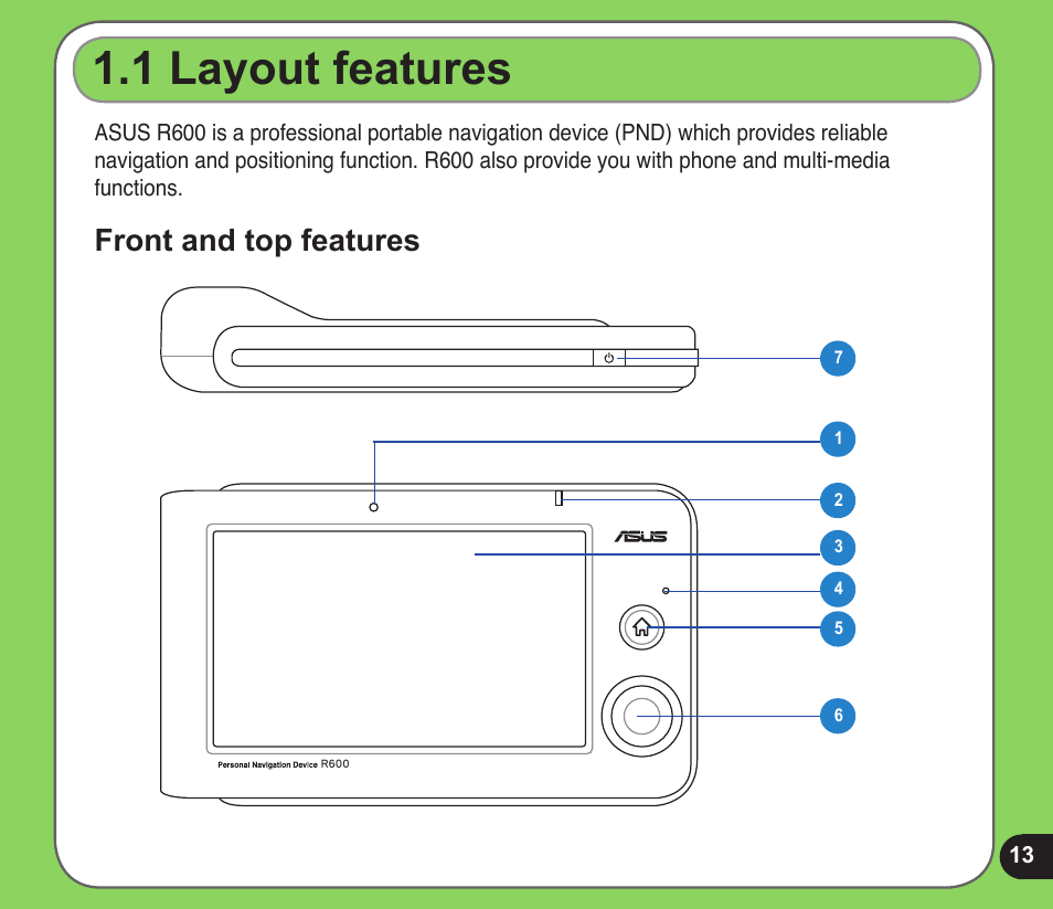 1 layout features, Front and top features | Asus R600 User Manual | Page 13 / 109