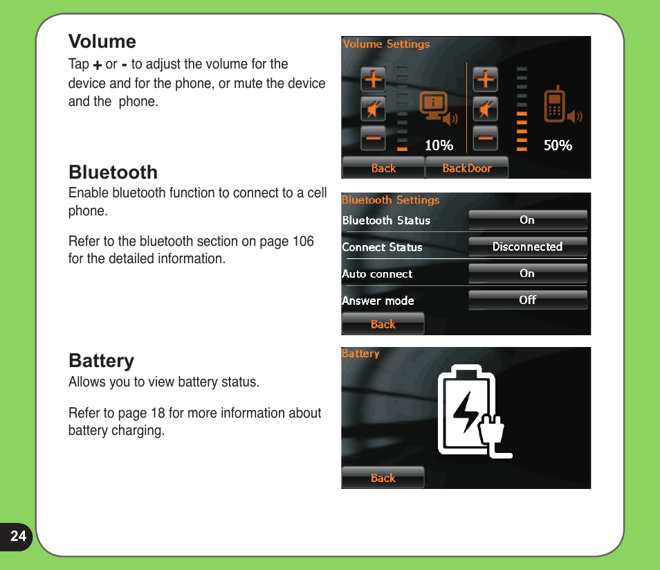 Volume, Bluetooth, Battery | Asus R600 User Manual | Page 24 / 109