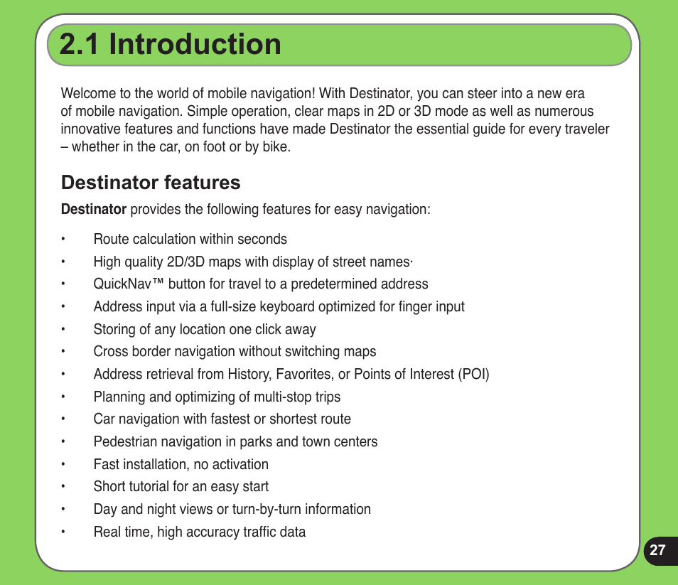 1 introduction, Destinator features | Asus R600 User Manual | Page 27 / 109