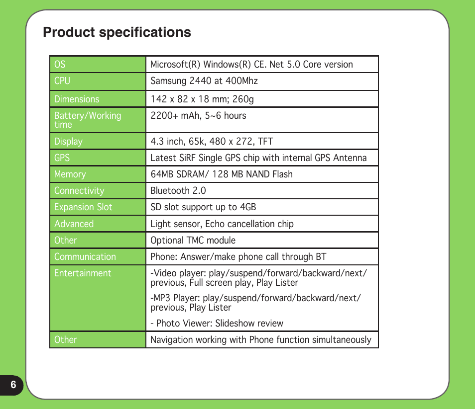 Product specifications | Asus R600 User Manual | Page 6 / 109