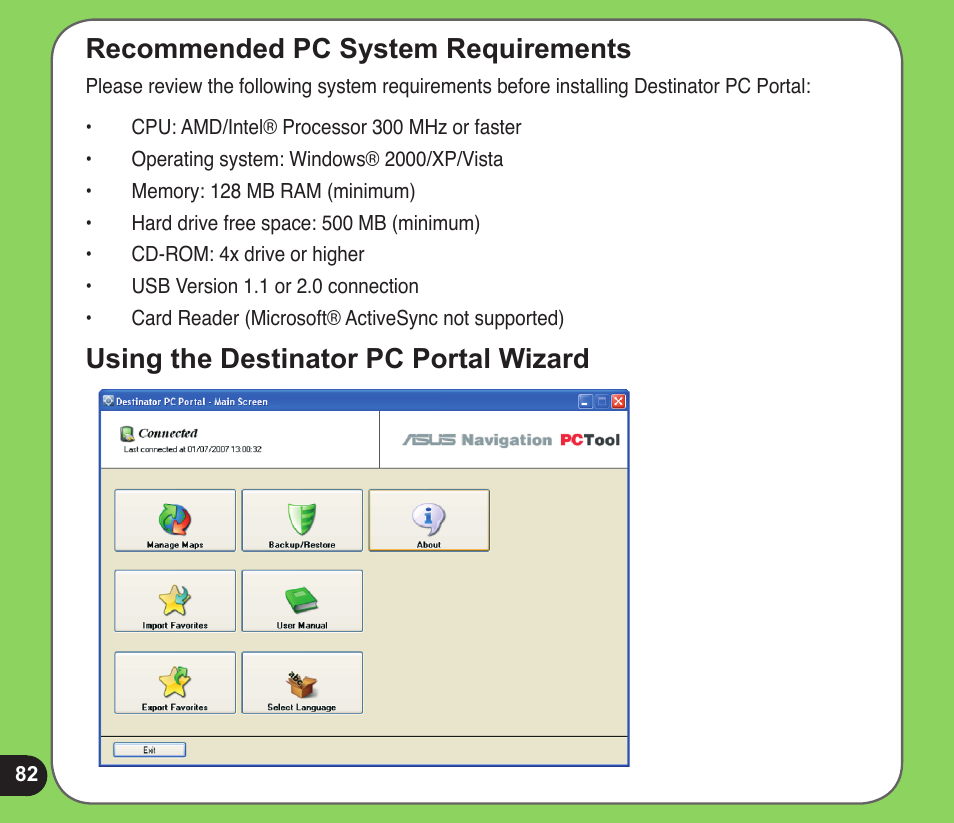Recommended pc system requirements, Using the destinator pc portal wizard | Asus R600 User Manual | Page 82 / 109