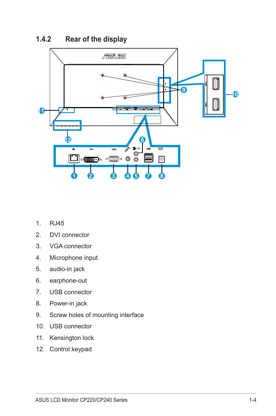 2 rear of the display, Rear of the display -4 | Asus CP240 User Manual | Page 11 / 27