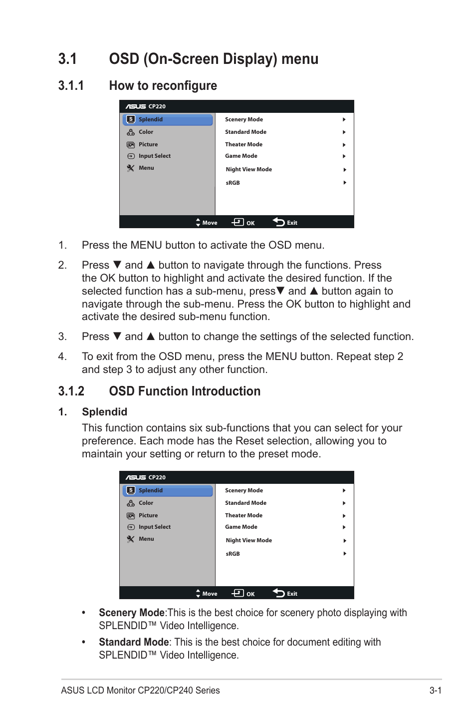 1 osd (on-screen display) menu, 1 how to reconfigure, 2 osd function introduction | Osd (on-screen display) menu -1, How to reconfigure -1, Osd function introduction -1 | Asus CP240 User Manual | Page 15 / 27