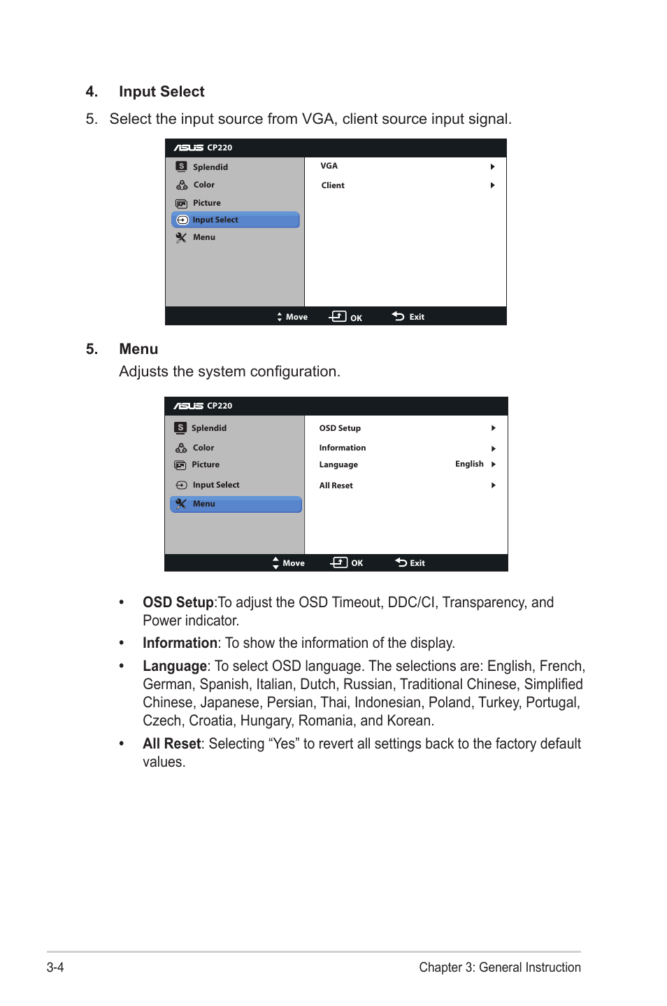 Menu adjusts the system configuration, 4 chapter 3: general instruction | Asus CP240 User Manual | Page 18 / 27