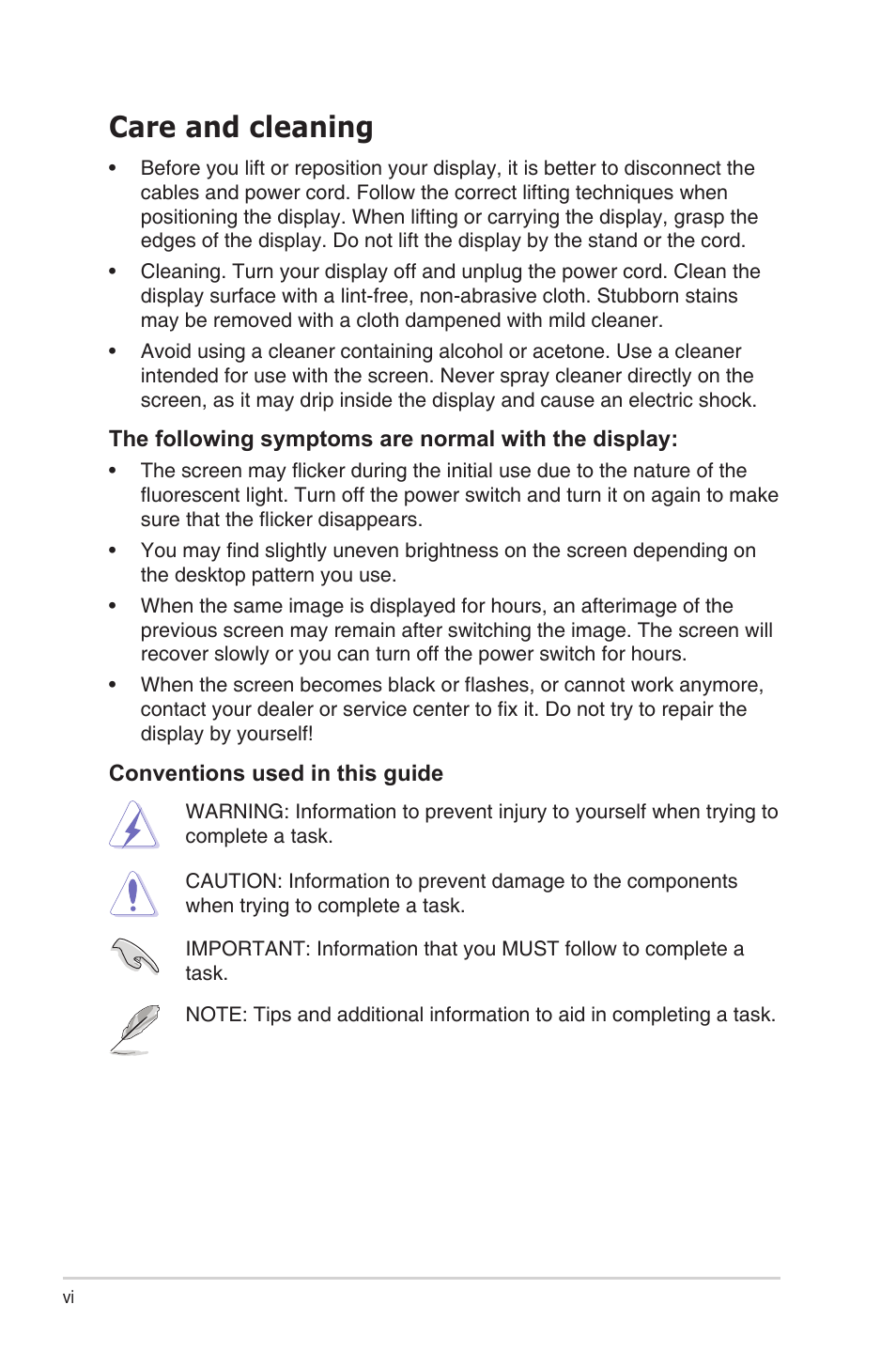 Care and cleaning | Asus CP240 User Manual | Page 6 / 27