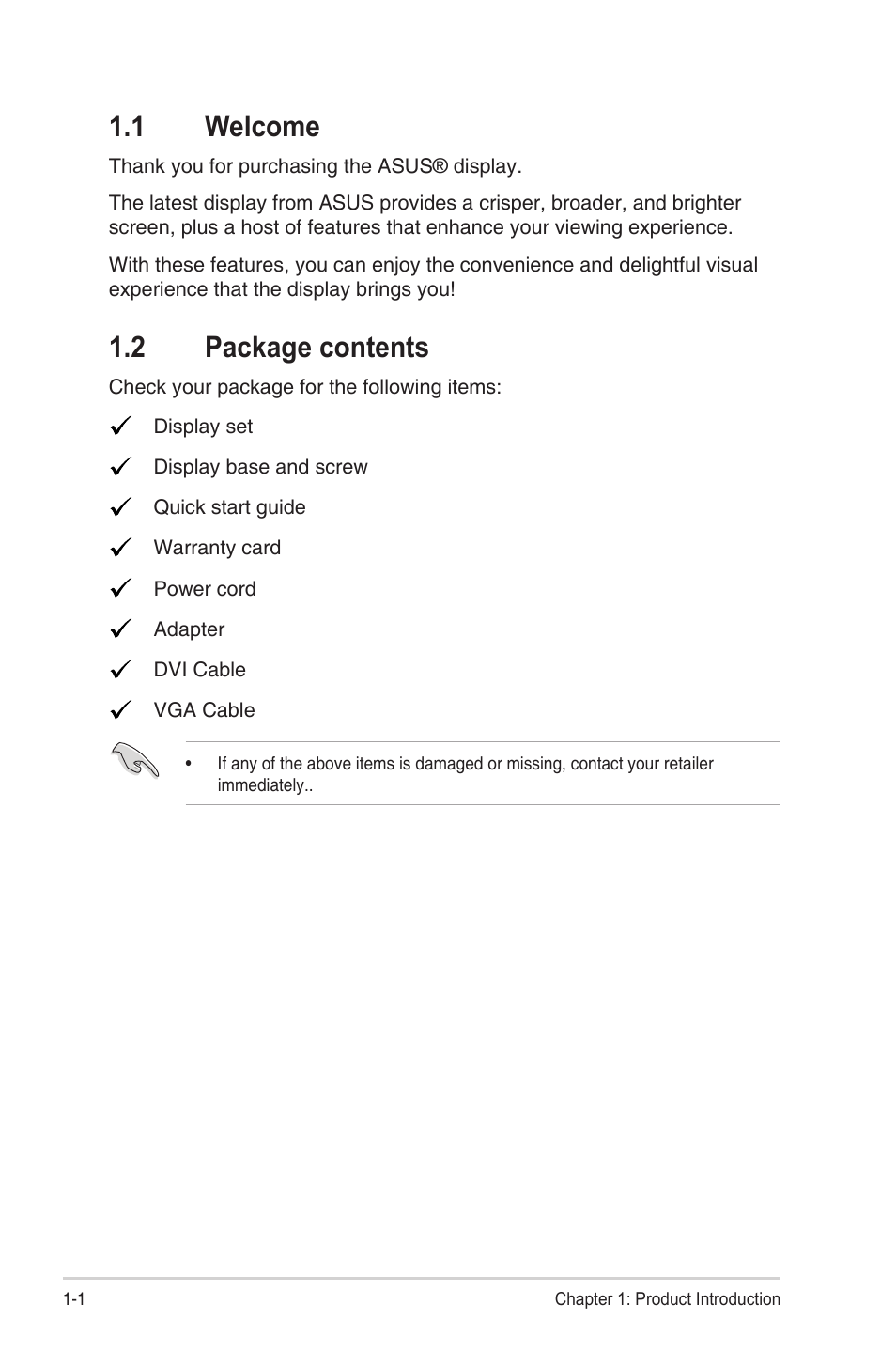 1 welcome, 2 package contents, 1 welcome -1 1.2 | Package contents -1 | Asus CP240 User Manual | Page 8 / 27