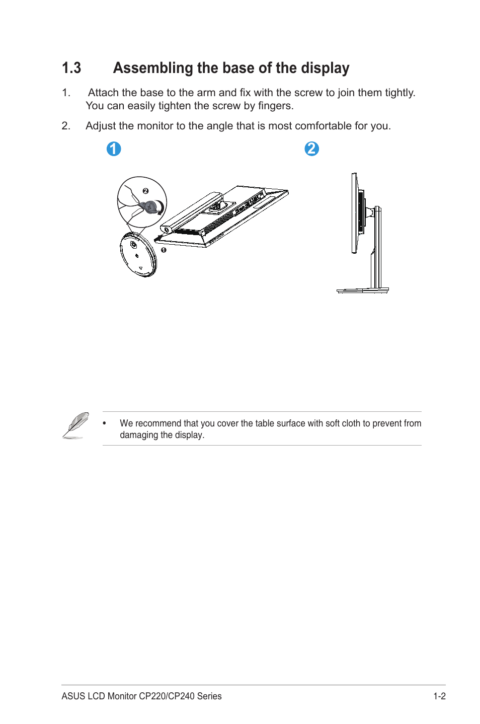 3 assembling the base of the display, Assembling the base of the display -2 | Asus CP240 User Manual | Page 9 / 27