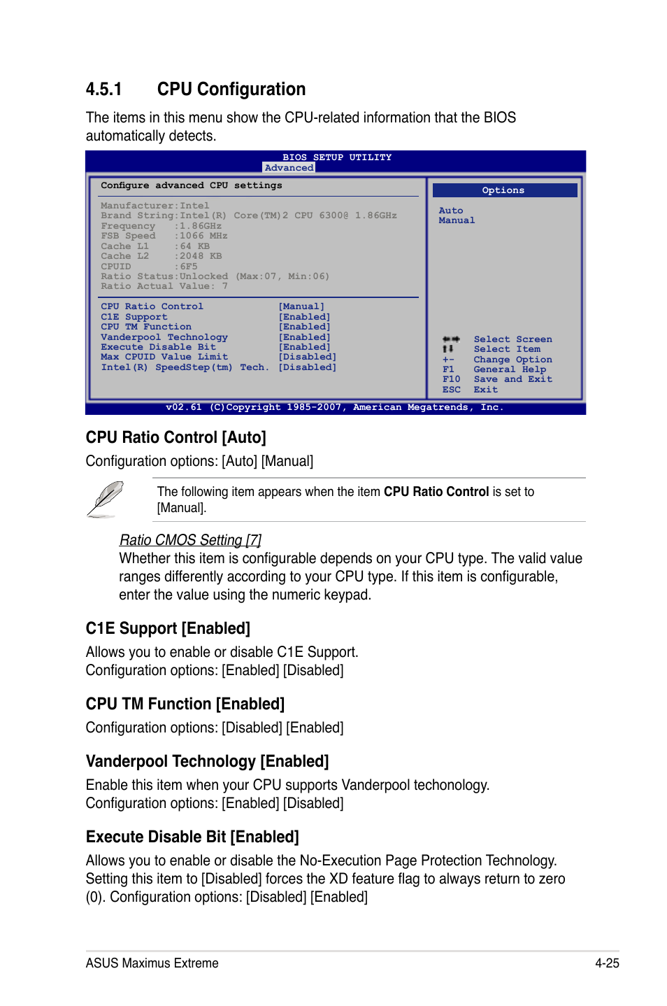 1 cpu configuration, Cpu ratio control [auto, C1e support [enabled | Cpu tm function [enabled, Vanderpool technology [enabled, Execute disable bit [enabled, Configuration options: [auto] [manual, Configuration options: [disabled] [enabled | Asus Maximus Extreme User Manual | Page 103 / 196