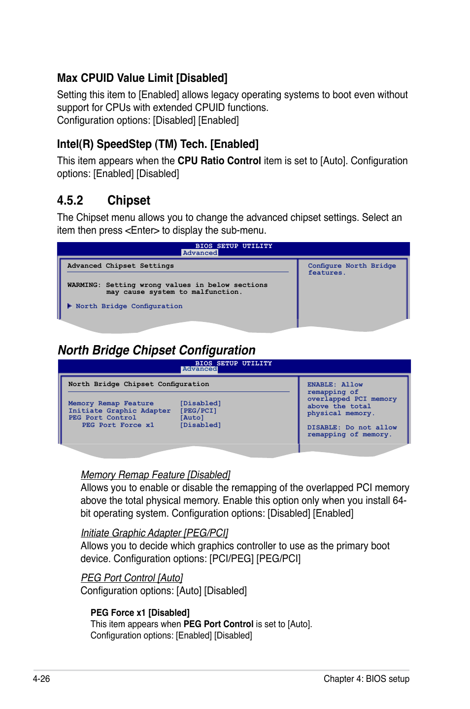 2 chipset, North bridge chipset configuration, Max cpuid value limit [disabled | Intel(r) speedstep (tm) tech. [enabled | Asus Maximus Extreme User Manual | Page 104 / 196