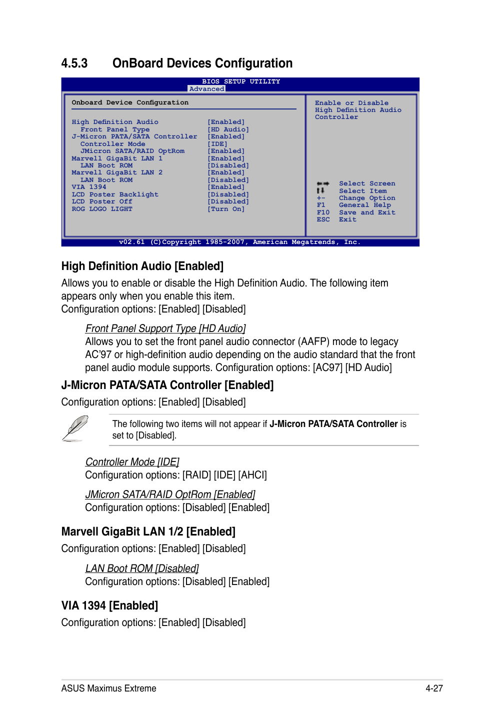 3 onboard devices configuration, High definition audio [enabled, J-micron pata/sata controller [enabled | Marvell gigabit lan 1/2 [enabled, Via 1394 [enabled, Configuration options: [enabled] [disabled | Asus Maximus Extreme User Manual | Page 105 / 196