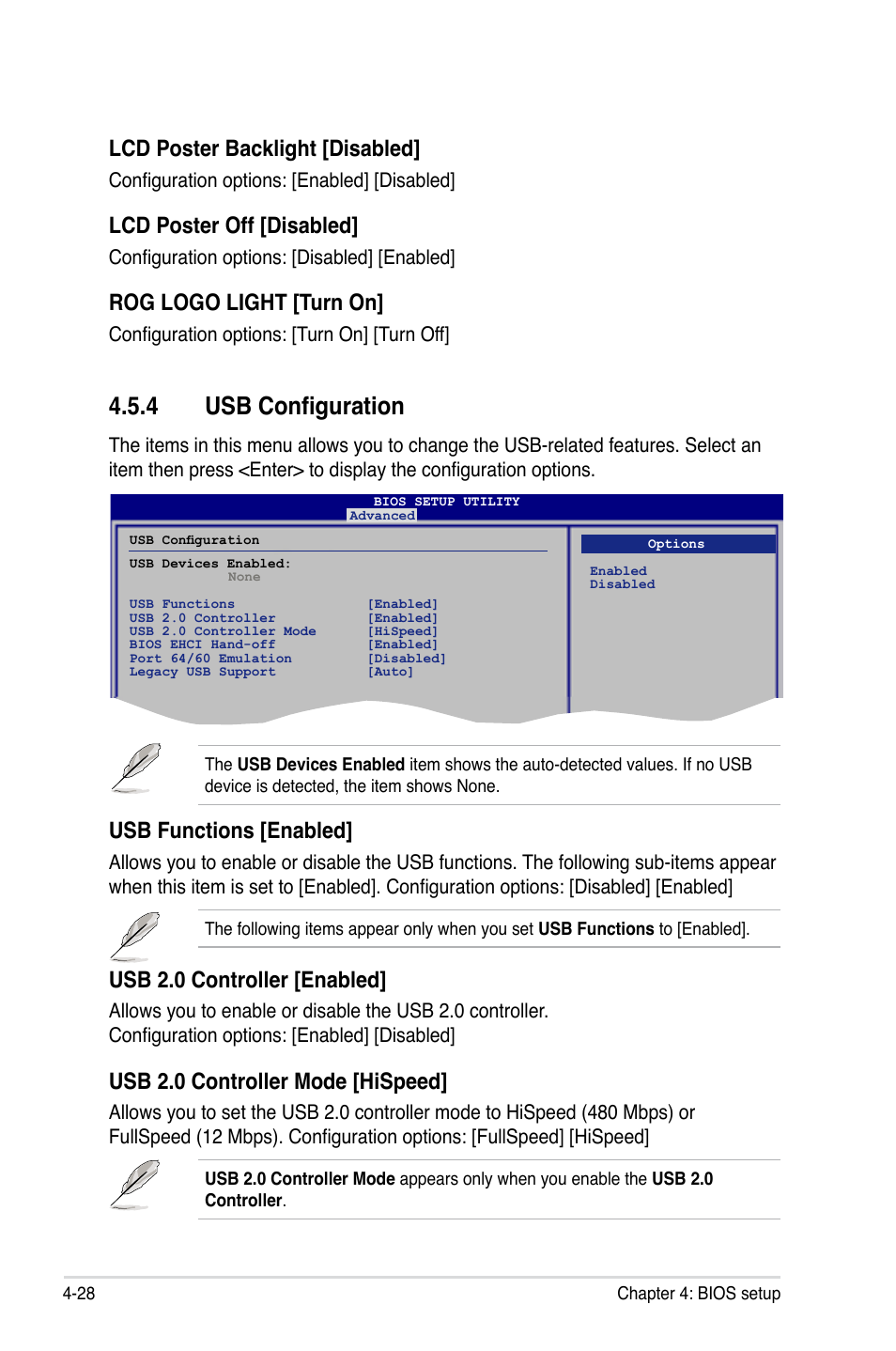 4 usb configuration, Usb functions [enabled, Usb 2.0 controller [enabled | Usb 2.0 controller mode [hispeed, Lcd poster backlight [disabled, Lcd poster off [disabled, Rog logo light [turn on | Asus Maximus Extreme User Manual | Page 106 / 196