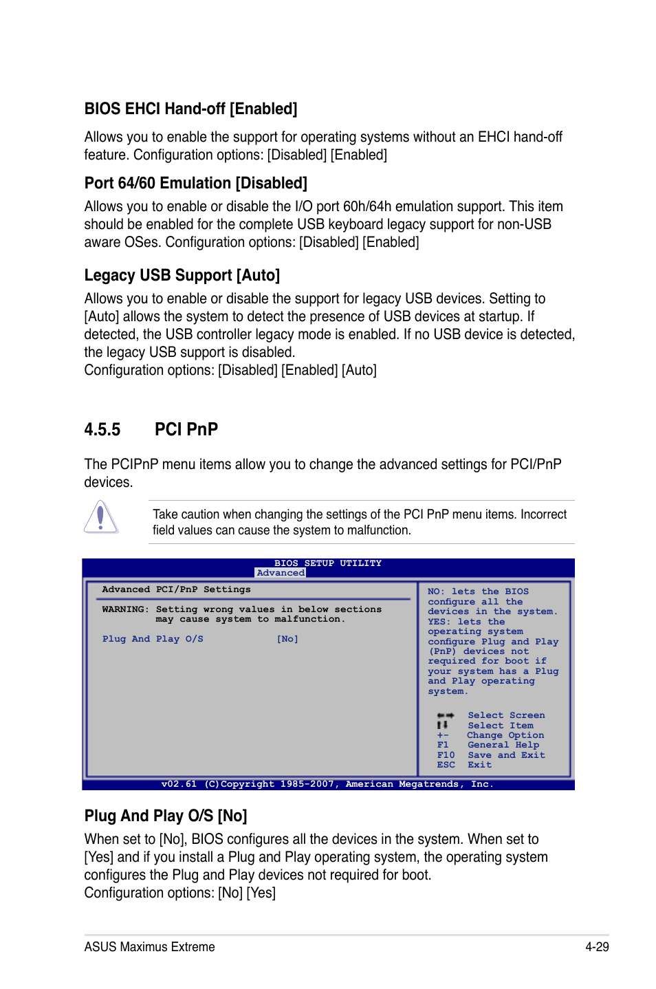 5 pci pnp, Bios ehci hand-off [enabled, Port 64/60 emulation [disabled | Legacy usb support [auto, Plug and play o/s [no | Asus Maximus Extreme User Manual | Page 107 / 196