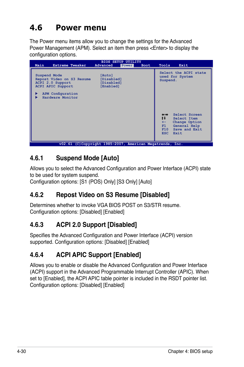 6 power menu, 1 suspend mode [auto, 2 repost video on s3 resume [disabled | 3 acpi 2.0 support [disabled, 4 acpi apic support [enabled | Asus Maximus Extreme User Manual | Page 108 / 196