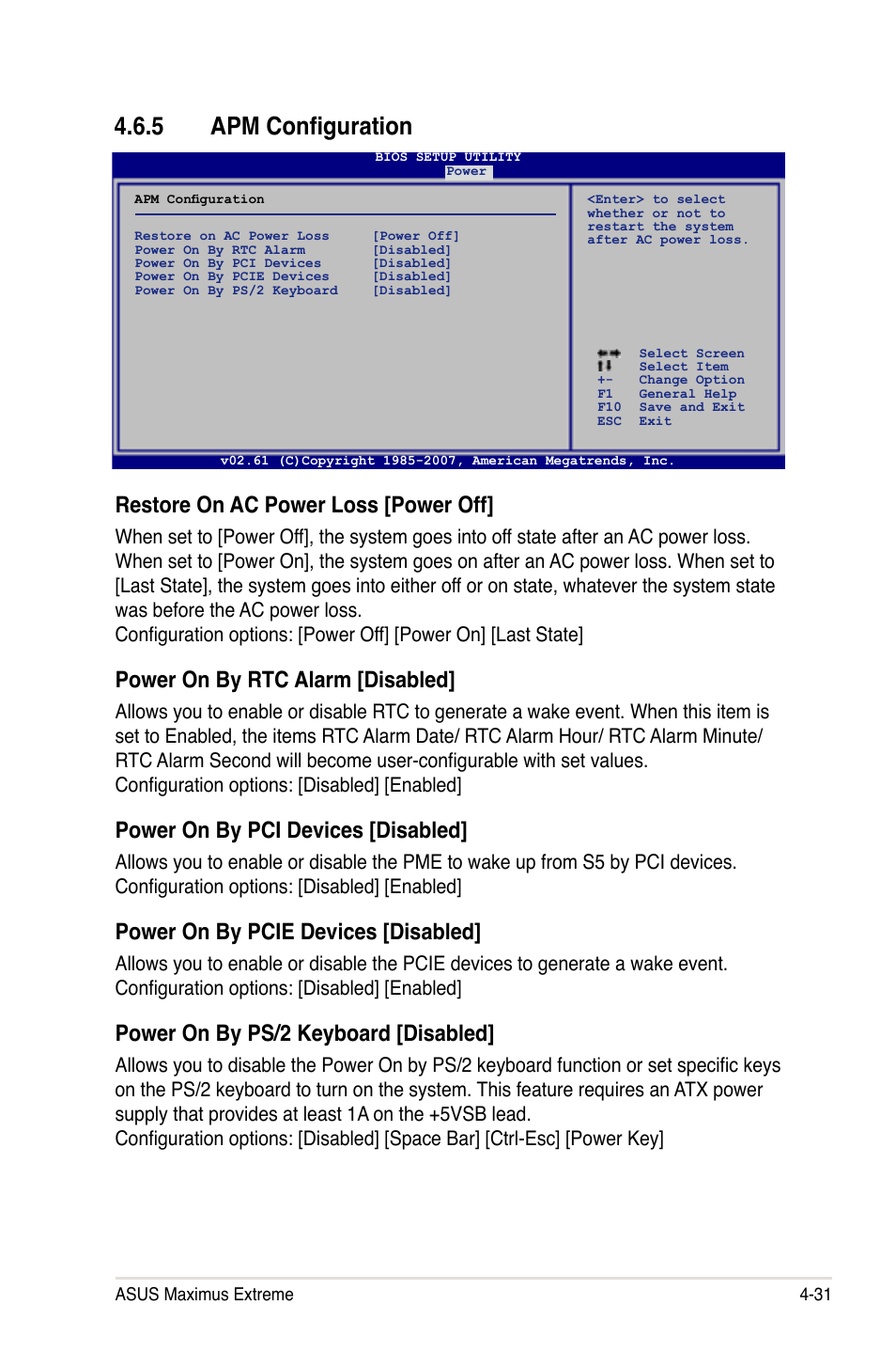 5 apm configuration, Restore on ac power loss [power off, Power on by rtc alarm [disabled | Power on by pci devices [disabled, Power on by pcie devices [disabled, Power on by ps/2 keyboard [disabled | Asus Maximus Extreme User Manual | Page 109 / 196