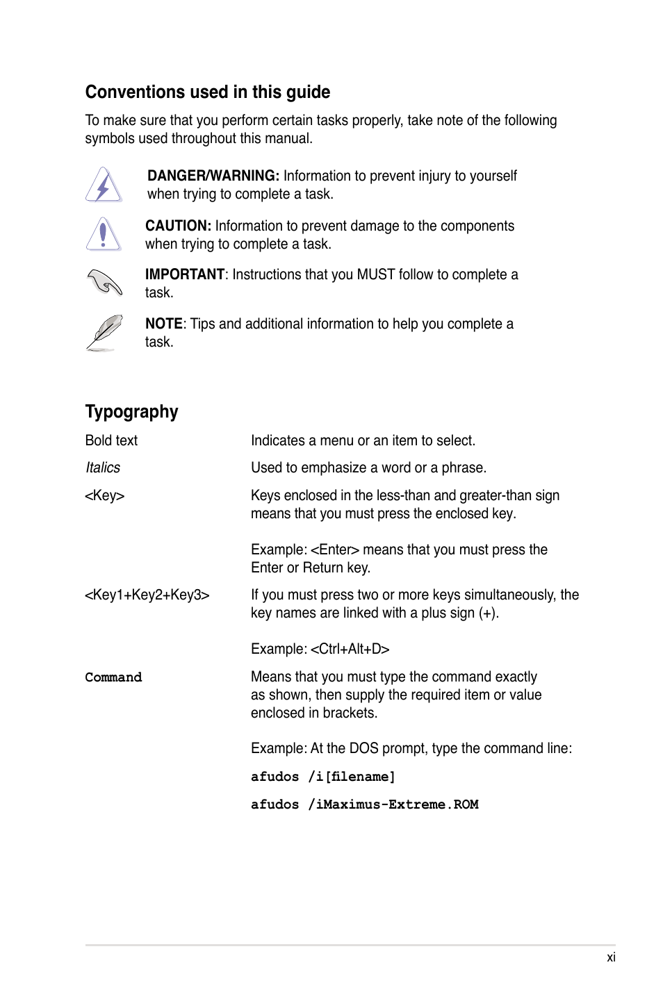 Conventions used in this guide, Typography | Asus Maximus Extreme User Manual | Page 11 / 196