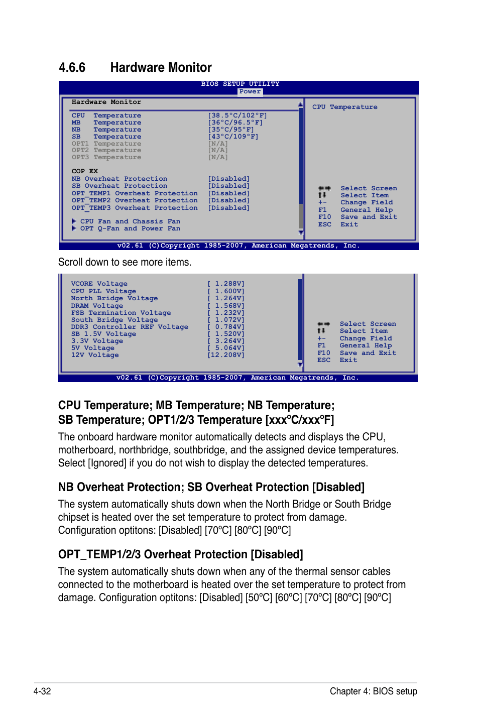 6 hardware monitor, Opt_temp1/2/3 overheat protection [disabled, Scroll down to see more items | 32 chapter 4: bios setup | Asus Maximus Extreme User Manual | Page 110 / 196